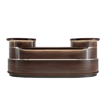Curved wooden reception desk with polished metallic accents