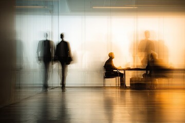 Blurred figures of people moving and working in a modern, well-lit office hallway
