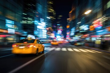 Blurry motion of yellow cabs and bright city lights at night