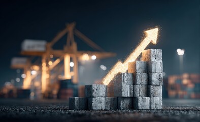Abstract graphic of a rising arrow, formed of glowing particles, over stacked blocks, in a harbor at night