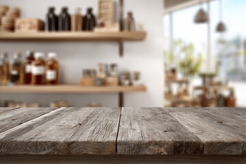 Wooden table top in front of a blurred store