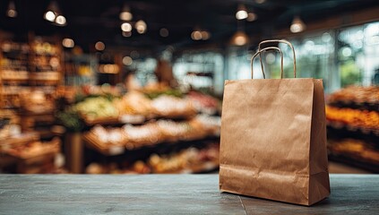 A brown paper shopping bag sits on a wooden surface with a grocery store aisle in the background