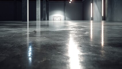 Empty, dimly lit industrial space with concrete floor reflecting light sources