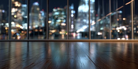 Polished wooden floor reflects a blurry cityscape at night through large windows