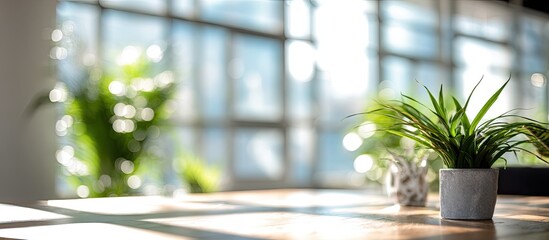 Potted green plant on a wooden table near a window with sunlight