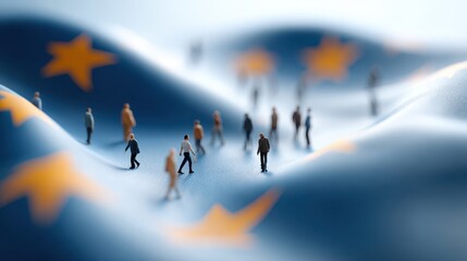 European Union flag as a backdrop with blurred silhouettes of people walking, symbolizing migration and movement in a dynamic visual narrative