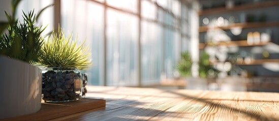 Sunlight streams across a wooden surface, illuminating potted plants and a blurred background