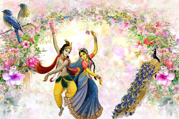 Fototapeta premium beautiful radha krishna withe peacock frame 