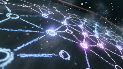 Animated Neural Network Drawn in Chalk on a Dark Blackboard with Glowing Nodes and Particles - Powered by Adobe