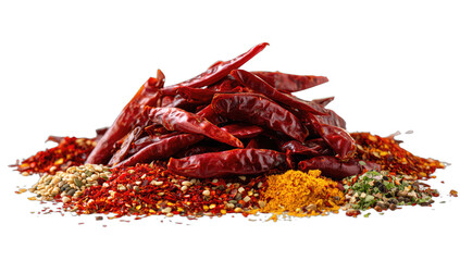 A pile of dried red chili peppers and various ground spices