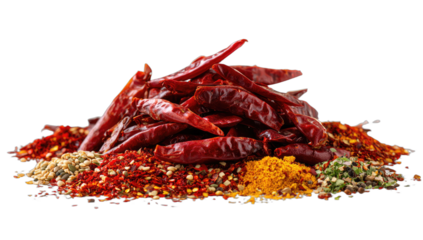 A pile of dried red chili peppers and various ground spices