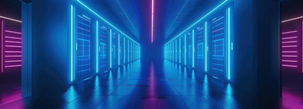 Cyber ​​Data Center: Experience the cutting-edge of data storage and processing within a sleek data center illuminated by mesmerizing neon light, a testament to technological innovation.  - Powered by Adobe