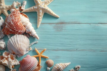 Seashells and starfish on a teal wooden background