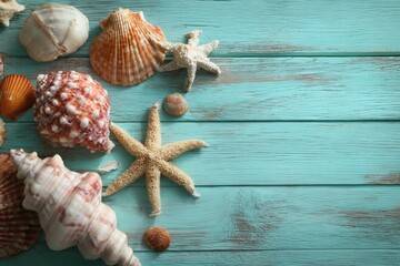 Seashells on a teal wooden background