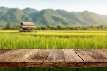 Rustic wooden table with a blurred background of rice paddies and mountains