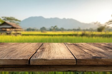 Wooden table top over blurred rural landscape