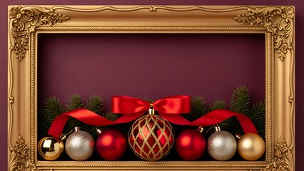 金色の額縁とクリスマスオーナメントで飾られたコピースペース背景