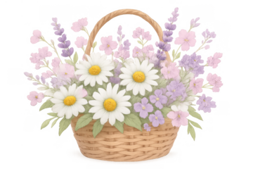 Wicker basket holding daisies and lavender flowers, illustrating spring and garden blooms, watercolor style on transparent background