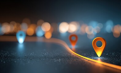 Abstract digital map path with glowing markers