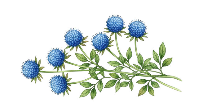 Blue eryngium plant with green leaves and stems isolated on transparent background