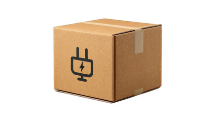 Cardboard shipping box with power icon symbol