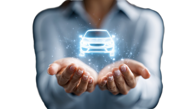 Hands gently hold glowing digital car outline with network connections - Powered by Adobe