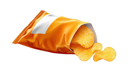 Crispy potato chips spilling out of a vibrant orange snack bag