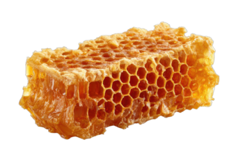 Golden honeycomb filled with rich, viscous honey, with hexagonal cells
