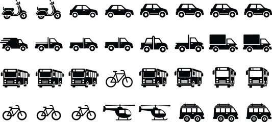 Black transportation icons set featuring scooters, cars, trucks, buses, bicycles, helicopters and vans for traffic, delivery, travel and mobility design © Ashadujjaman