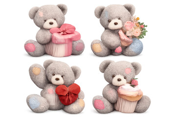 Cute teddy bears celebrating love and valentine's day holding gifts, flowers, hearts, and cupcakes on transparent background