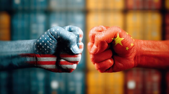 Two fists painted as USA and China flags confront each other, symbolizing international relations and trade tensions in a vibrant 3D illustration