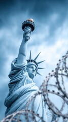 Fototapeta premium Statue of Liberty stands majestically with barbed wire in foreground, symbolizing freedom and security in a contrasting urban landscape