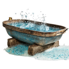 A rustic, aged bathtub filled with bubbling blue water and foam
