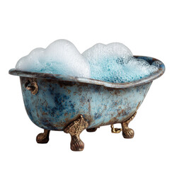 Ornate clawfoot tub filled with blue bubbly suds, isolated on black