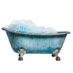 Antique clawfoot tub filled with bubbly, turquoise water and foam