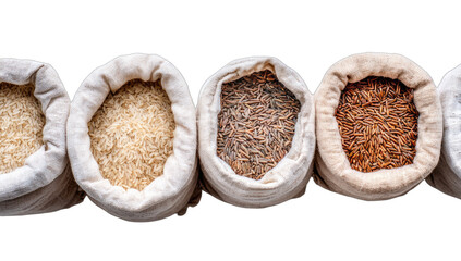 Five burlap sacks filled with different varieties of grains and rice