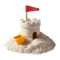 A small, sandy castle with a red flag stands on a mound of sand