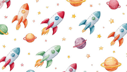 Whimsical watercolor rockets and planets float across a starry black background