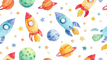 Whimsical watercolor space scene with rockets, planets, and stars (1)