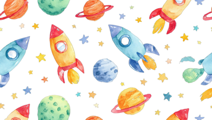 Whimsical watercolor space scene with rockets, planets, and stars (1)