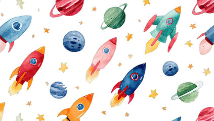 Whimsical watercolor space scene with rockets, planets, and stars