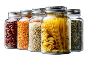 Assortment of dry food ingredients in glass jars