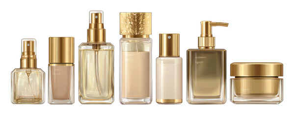 A collection of elegant golden bottles and jars for beauty products