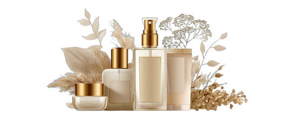 Luxurious cosmetic bottles arranged with dried botanicals and golden accents