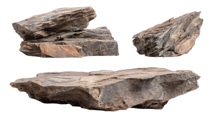 Natural stone formations, textured surfaces, earthy tones, on black background