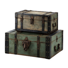 Stacked antique trunks with weathered green paint and dark metal accents