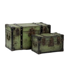 Two vintage green wooden storage trunks with metal accents