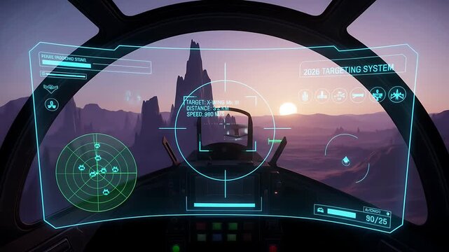 Sci-Fi Cockpit View of Desert Sunset Flight