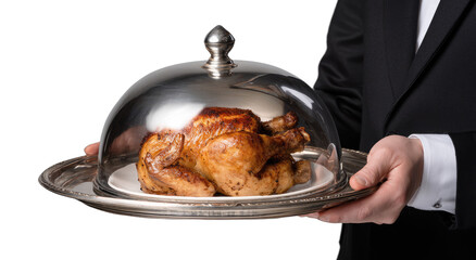 A perfectly roasted chicken is presented on a silver platter