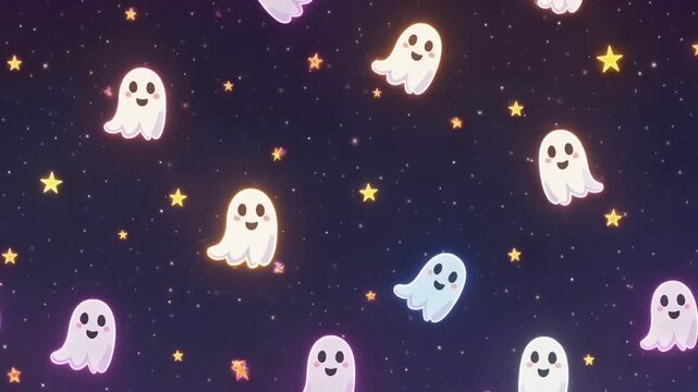 Playful Halloween pattern with adorable cartoon ghosts and glowing stars wallpaper